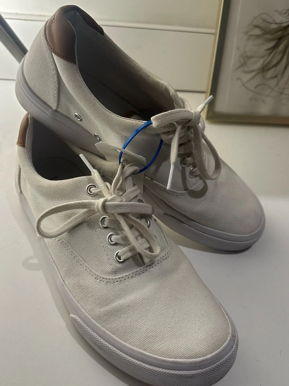 J. Crew Men's Cream Canvas Sneakers with Brown Heel Tab